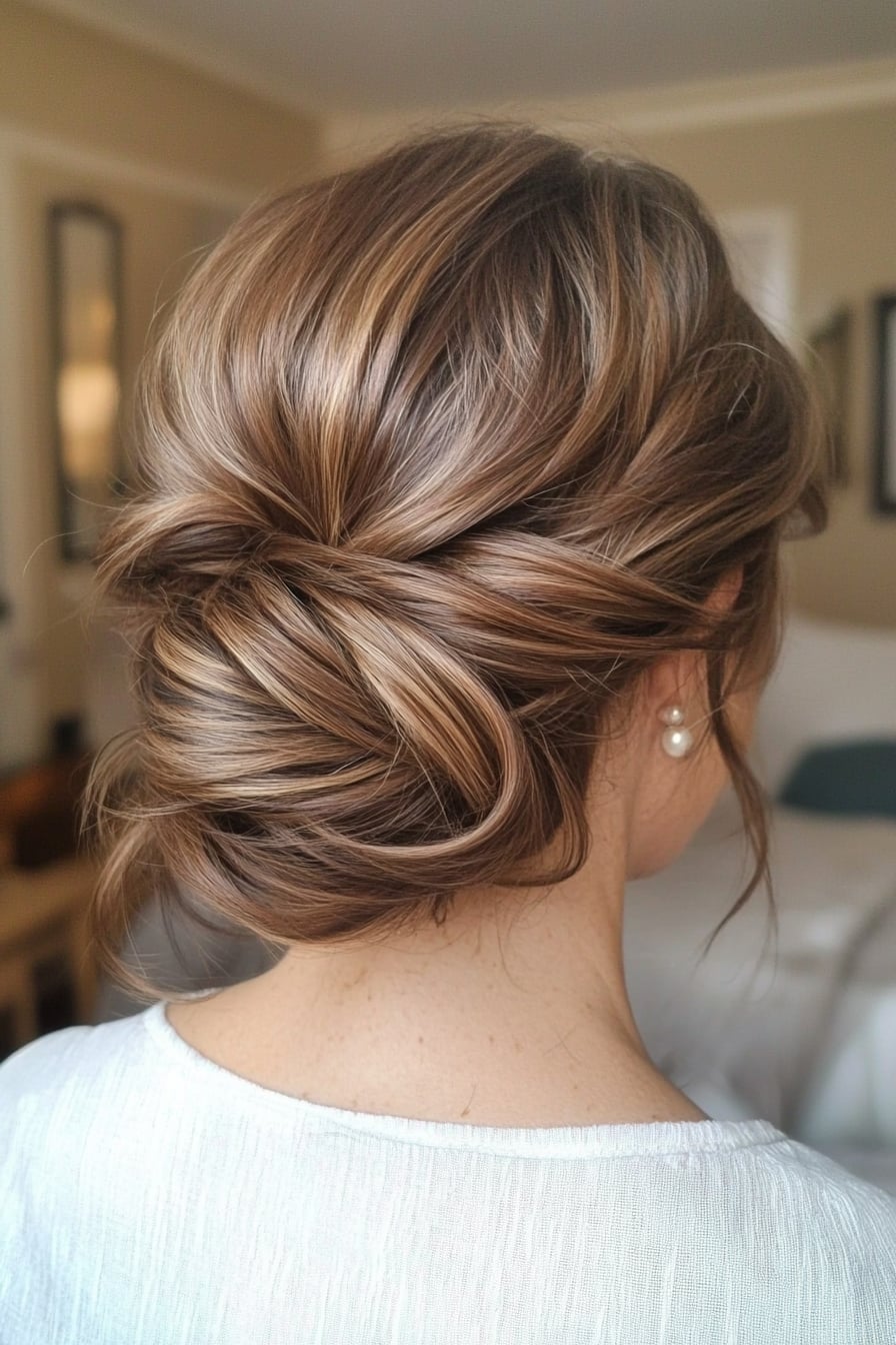 Elegant Twisted Low Bun With Caramel Highlights Elegant Twisted Low Bun With Caramel Highlights — Classy Casual Updo