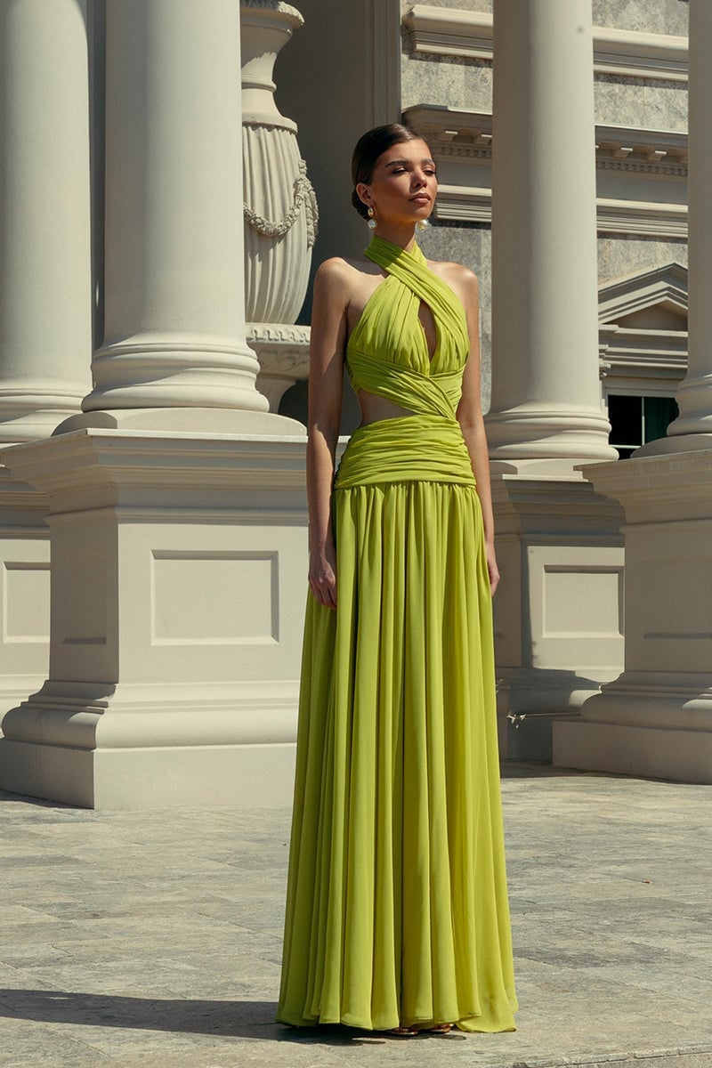 Lime Green Chiffon Maxi Dress with Draped Halter and Waist Cutouts — Classy Chiffon Dresses