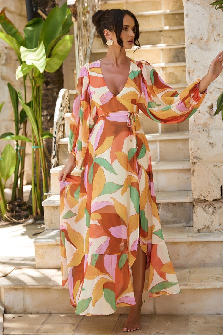 Abstract Print Chiffon Maxi Dress with Balloon Sleeves and Wrap Front — Classy Chiffon Dresses