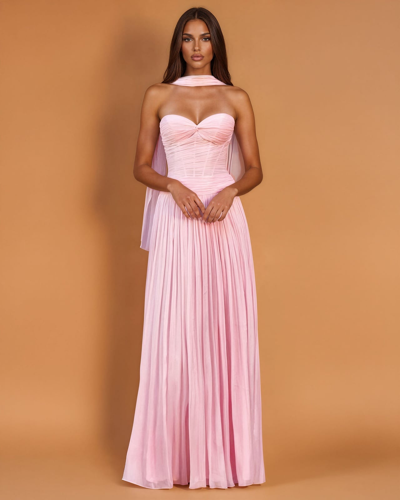 Light Pink Strapless Chiffon Maxi Dress with Ruched Bodice and Scarf — Classy Chiffon Dresses