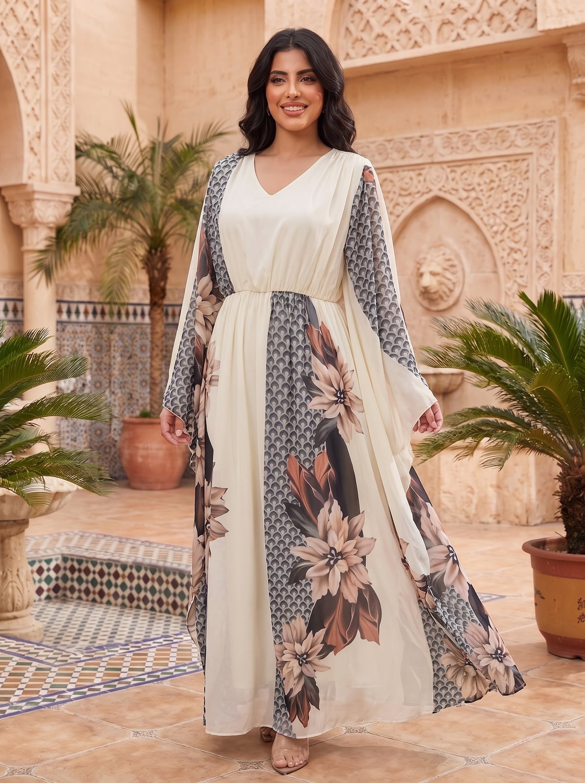 Cream Floral Print Chiffon Maxi Dress with Cape Sleeves — Classy Chiffon Dresses