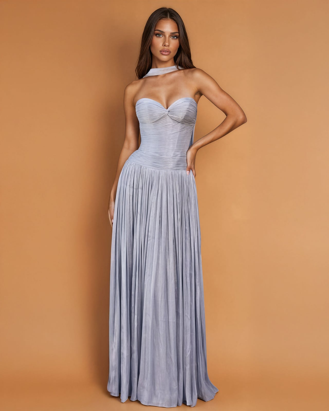 Blue-gray Halter Neck Chiffon Gown with Full Pleated Skirt — Classy Chiffon Dresses