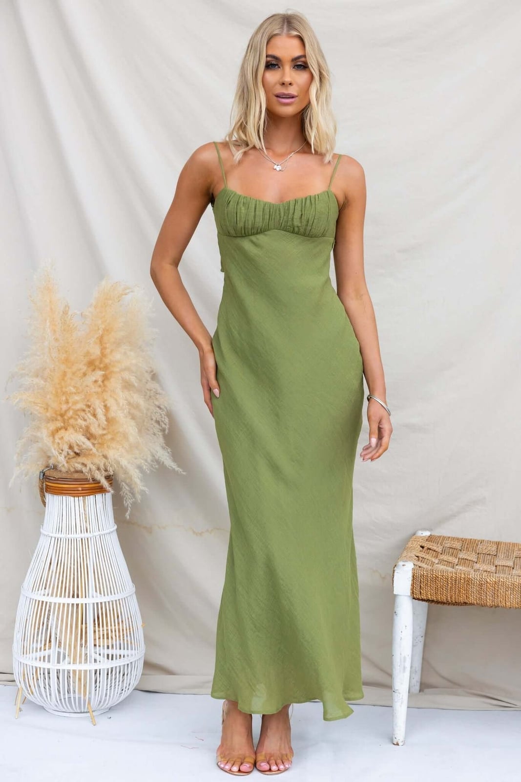 Olive Green Textured Fabric Maxi Dress with Spaghetti Straps — Classy Chiffon Dresses