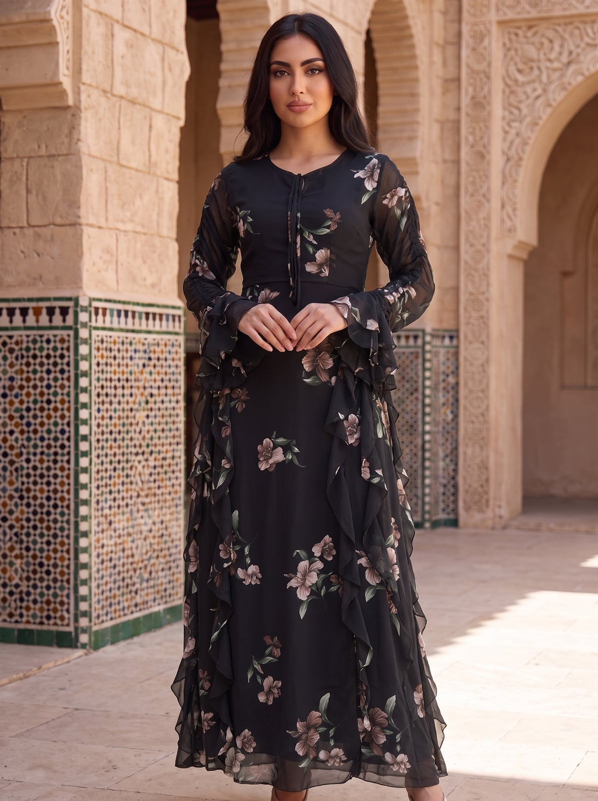 Black Floral Print Chiffon Maxi Dress with Ruffled Sleeves and Hem — Classy Chiffon Dresses