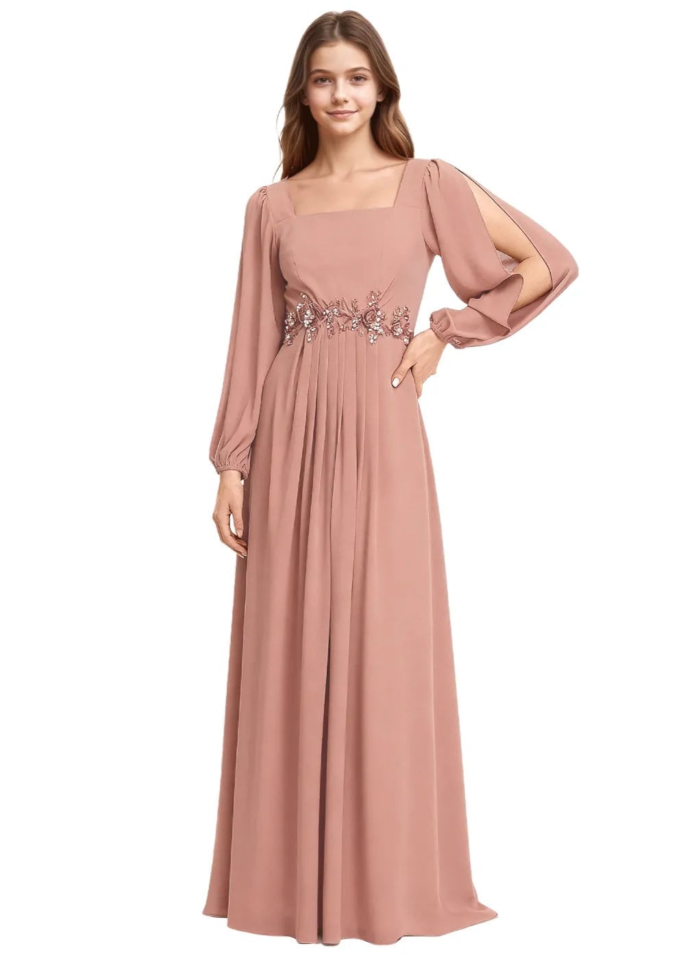 Dusty Rose Chiffon Maxi Dress with Split Sleeves and Embellished Belt — Classy Chiffon Dresses