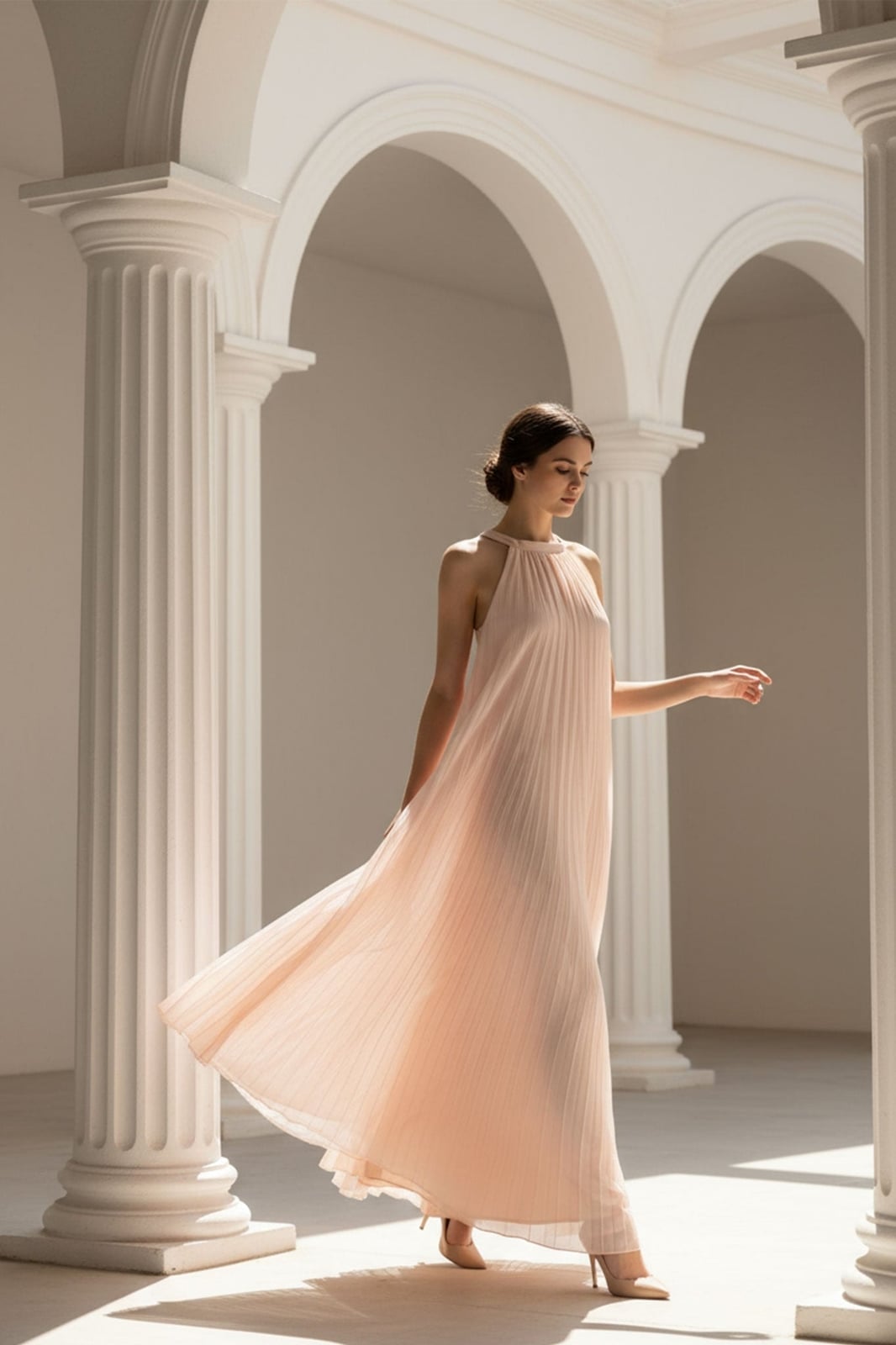 Powder Pink Pleated Chiffon Maxi Dress with Halter Neckline — Classy Chiffon Dresses