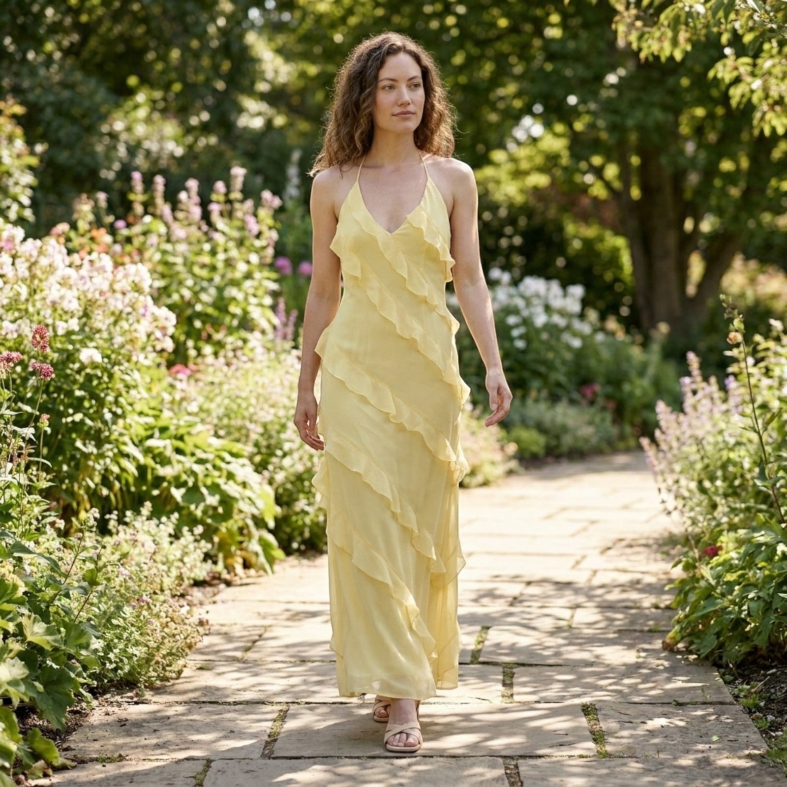 Pale Yellow Halter Neck Chiffon Maxi Dress with Tiered Ruffles — Classy Chiffon Dresses