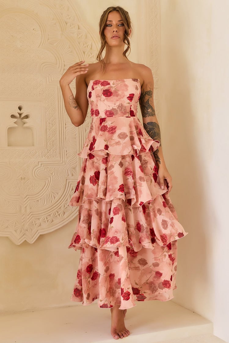 Pink Floral Print Chiffon Midi Dress with Strapless, Close-Up Take — Classy Chiffon Dresses