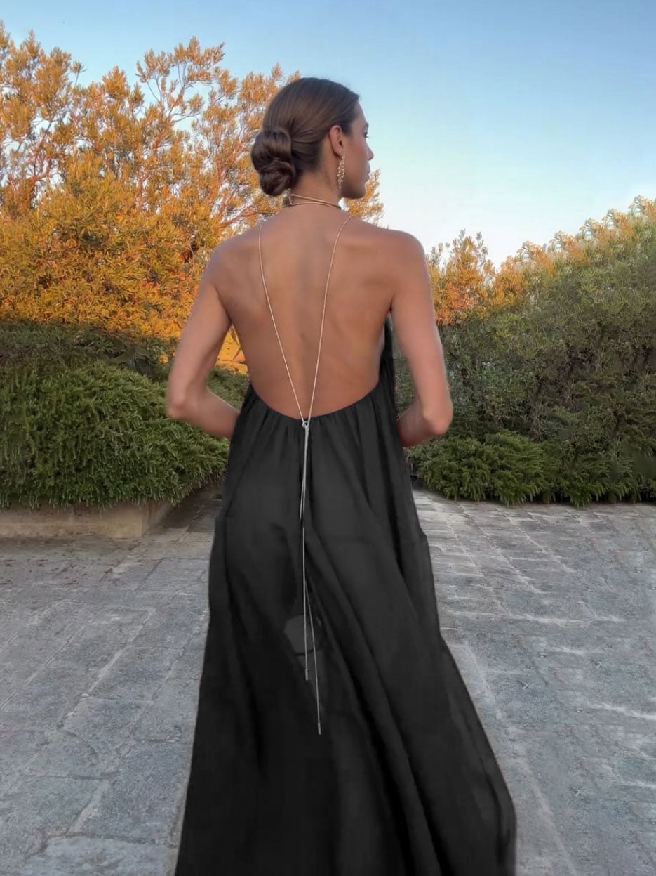 Black Flowy Chiffon Maxi Dress with Open Back Chain Detail — Classy Chiffon Dresses