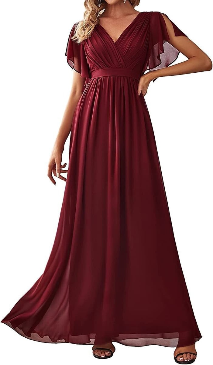 Maroon Empire Waist Chiffon Maxi Dress with Flutter Sleeves — Classy Chiffon Dresses