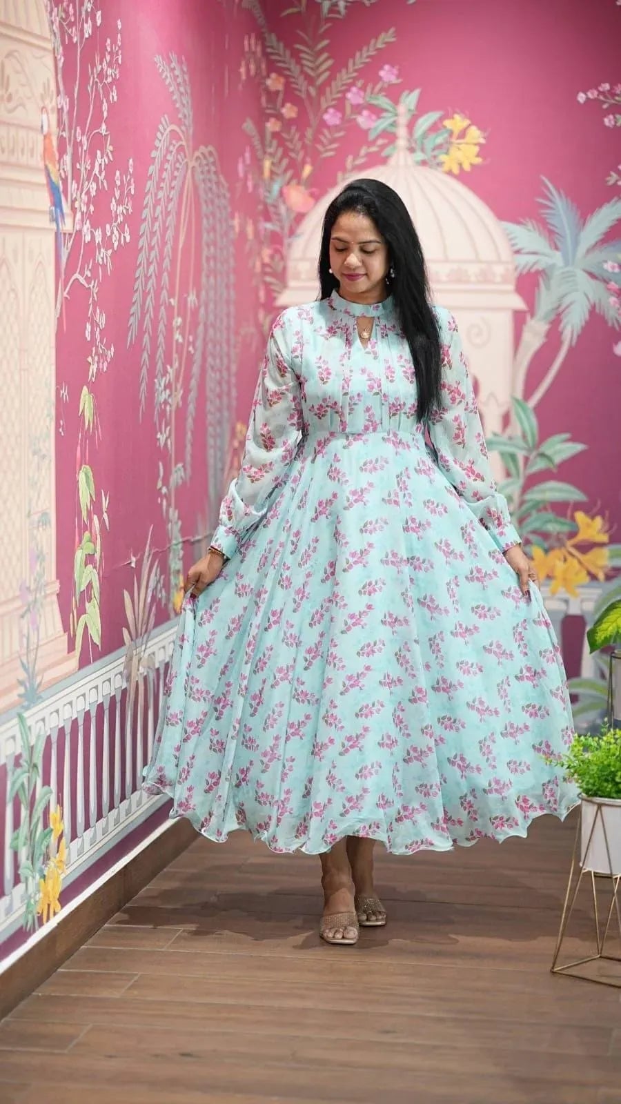 Light Blue Floral Print Chiffon Maxi Dress with Long, Close-Up Take — Classy Chiffon Dresses
