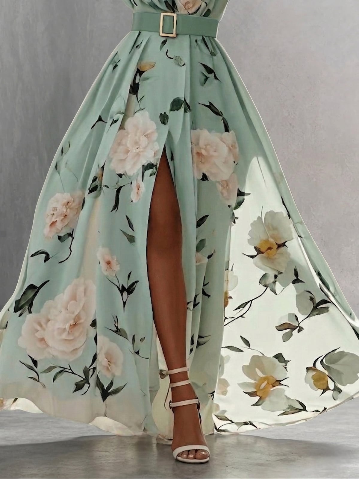 Mint Green Chiffon Maxi Dress with High Slit, Close-Up Take — Classy Chiffon Dresses