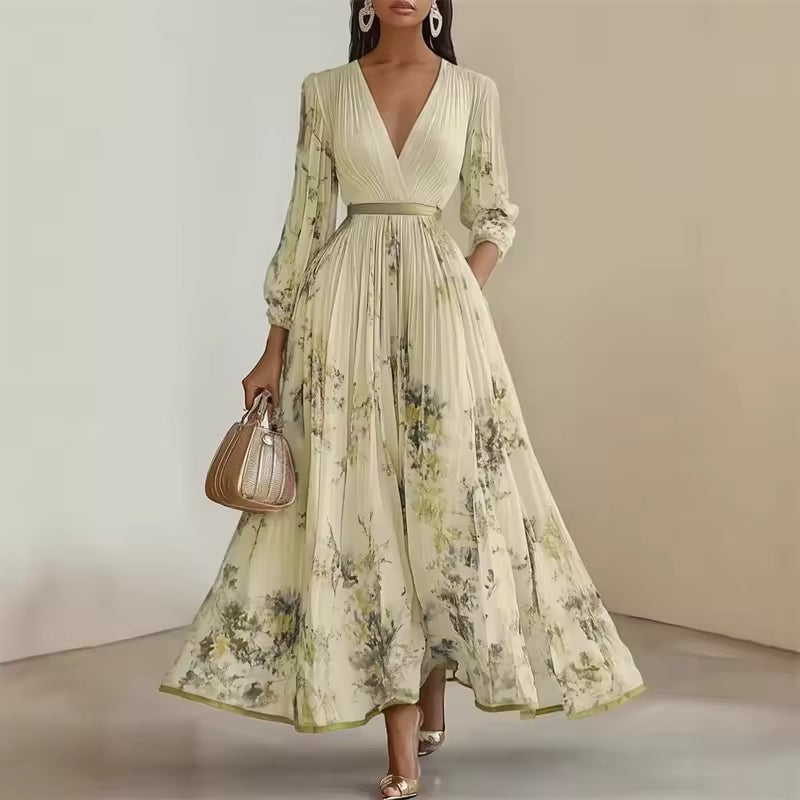 Floral Print Pleated Chiffon Maxi Dress with Long Sleeves and Belt — Classy Chiffon Dresses