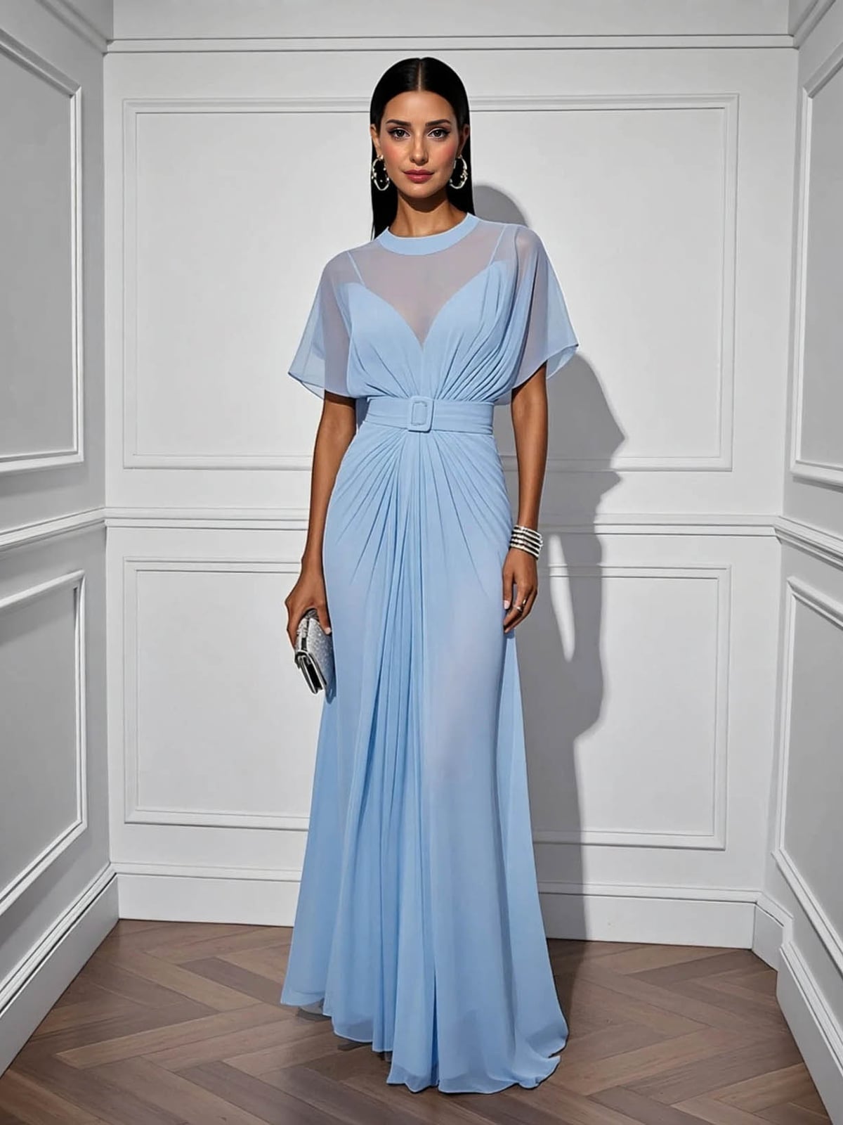 Light Blue Chiffon Maxi Dress with Sheer Overlay and Draped Bodice — Classy Chiffon Dresses