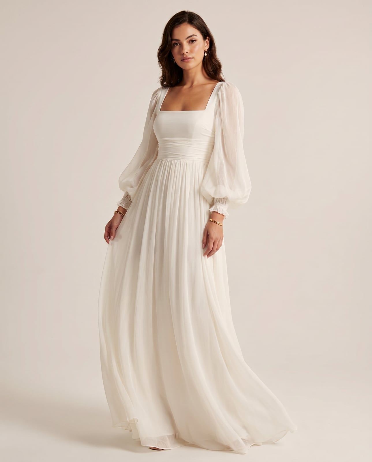 Ivory Chiffon Maxi Dress with Voluminous Puff Sleeves and Empire Waist — Classy Chiffon Dresses