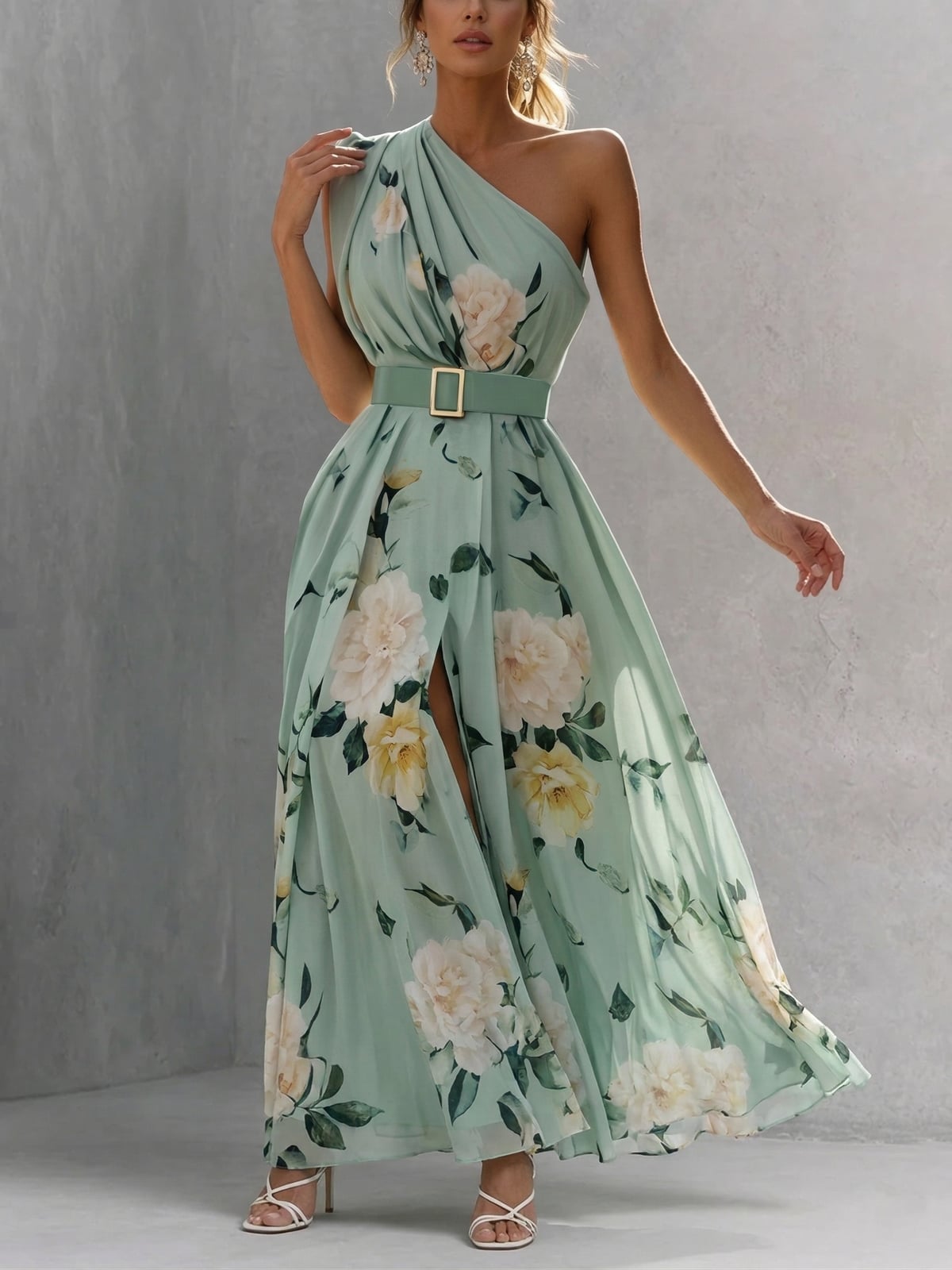 Mint Green Floral Print One-Shoulder Chiffon Maxi Dress with Slit — Classy Chiffon Dresses