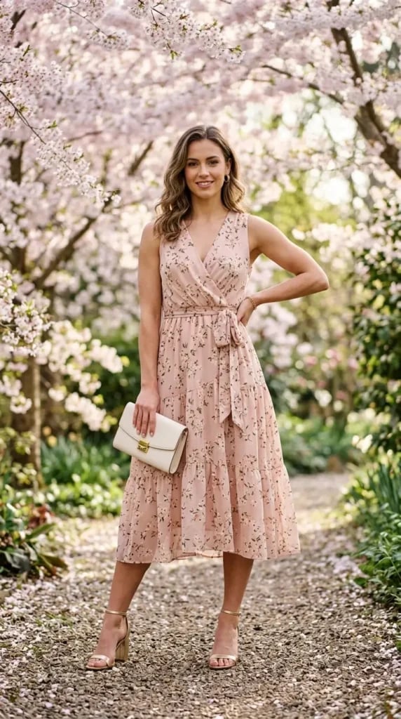 Pink Floral Print Midi Dress with Tie Waist and Tiered Skirt — Classy Chiffon Dresses