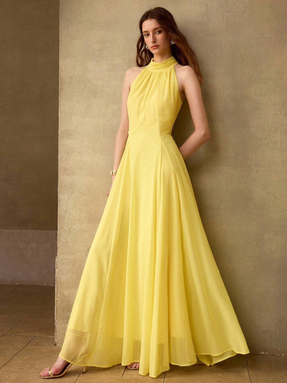Bright Yellow Halter Neck Chiffon Maxi Dress with A-line Silhouette — Classy Chiffon Dresses