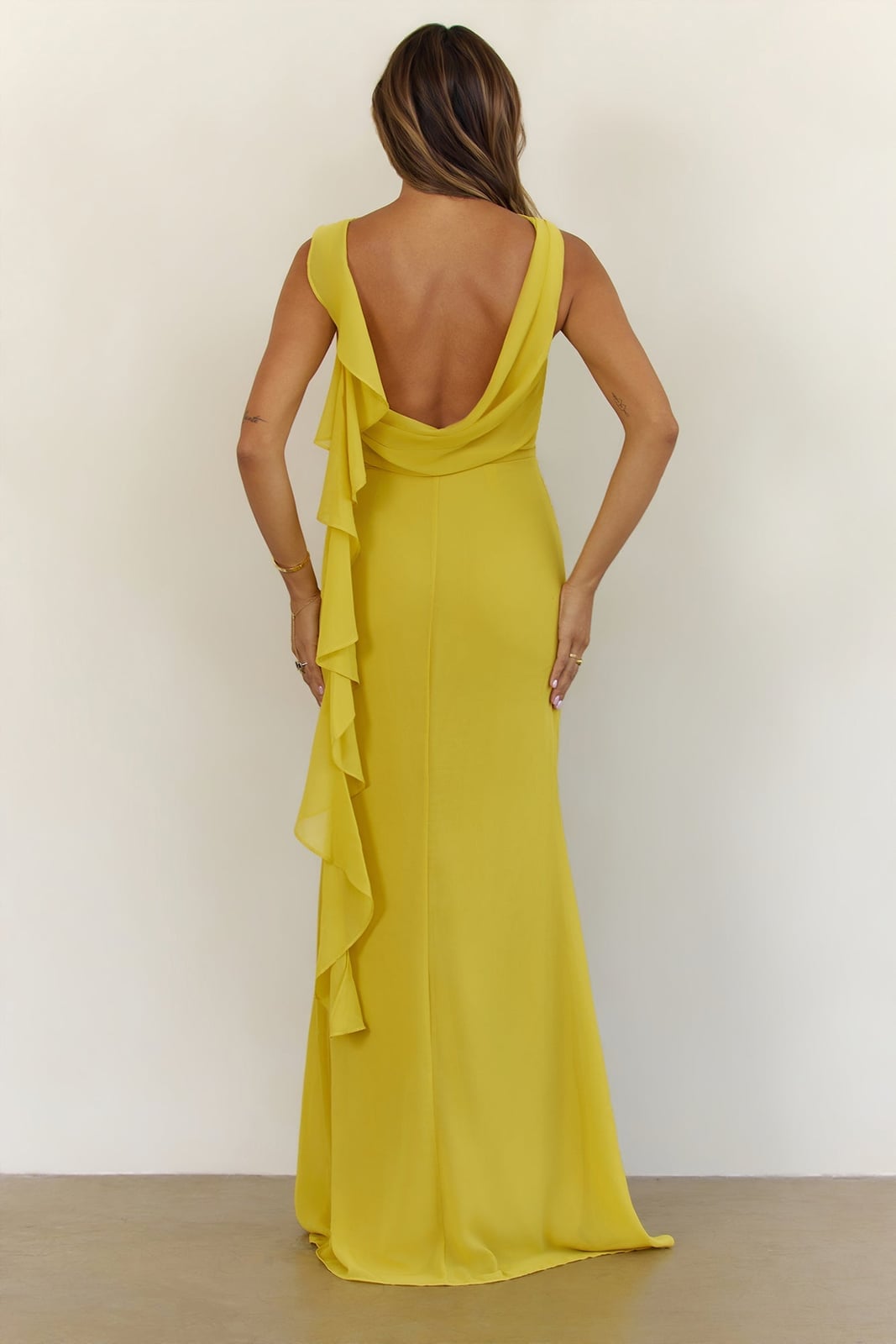 Flowy Yellow Chiffon Maxi Dress with Draped Cowl Back and Ruffles — Classy Chiffon Dresses