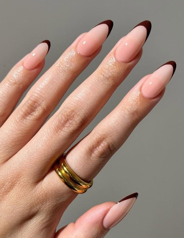 Chocolate French Tip Medium Almond Nails Chocolate French Tip Medium Almond Nails — Classy Chocolate Nails