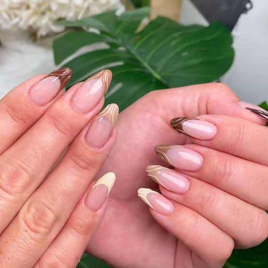 Chic Chocolate French Tip Medium Almond Nails, Glossy Chic Chocolate French Tip Medium Almond Nails, Glossy — Classy Chocolate Nails