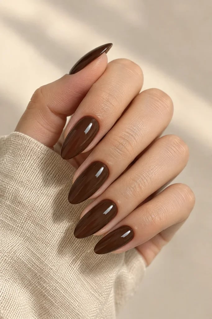 Deep Chocolate Brown Glossy Medium Almond Nails Deep Chocolate Brown Glossy Medium Almond Nails — Classy Chocolate Nails