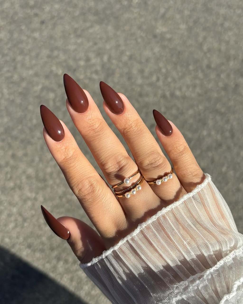 Sheer Warm Brown Glossy Long Almond Nails Sheer Warm Brown Glossy Long Almond Nails — Classy Chocolate Nails