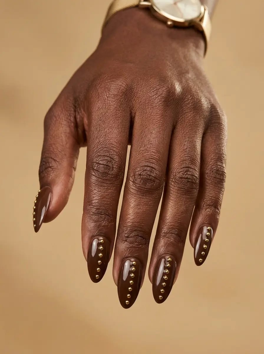 Chocolate Brown Stiletto Nails with Gold Studs Chocolate Brown Stiletto Nails with Gold Studs — Classy Chocolate Nails