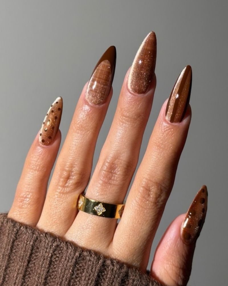 Mixed Finish Long Stiletto Brown Nails Mixed Finish Long Stiletto Brown Nails — Classy Chocolate Nails