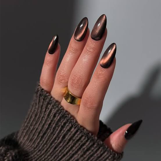 Dark Brown Copper Shimmer Cat-Eye Almond Nails Dark Brown Copper Shimmer Cat-Eye Almond Nails — Classy Chocolate Nails