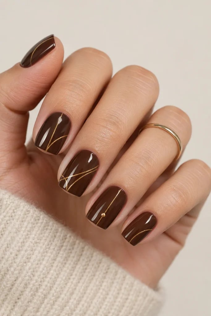 Short Square Medium Brown with Gold Line Art Short Square Medium Brown with Gold Line Art — Classy Chocolate Nails