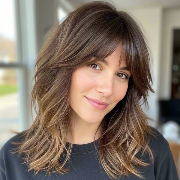 Collarbone Shag With Choppy Layers and Curtain Bangs, Wavy Collarbone Shag With Choppy Layers and Curtain Bangs, Wavy — Classy Choppy Layers