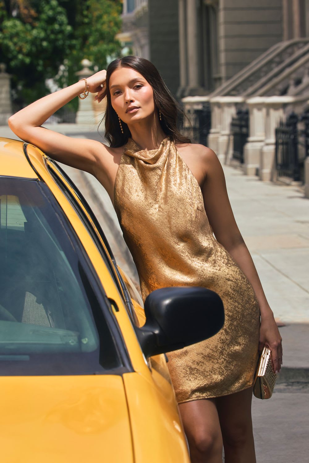 Gold Metallic Halter Neck Mini Dress with Textured Finish — Classy Cocktail Dresses Wedding