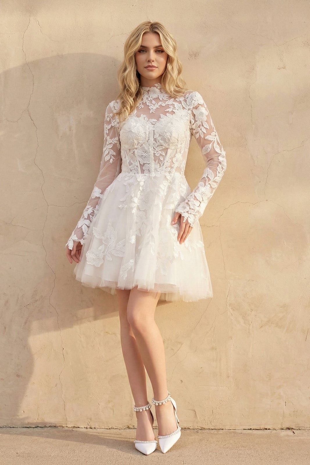 Ivory A-line Dress with Illusion Neckline and Lace Sleeves — Classy Cocktail Dresses Wedding