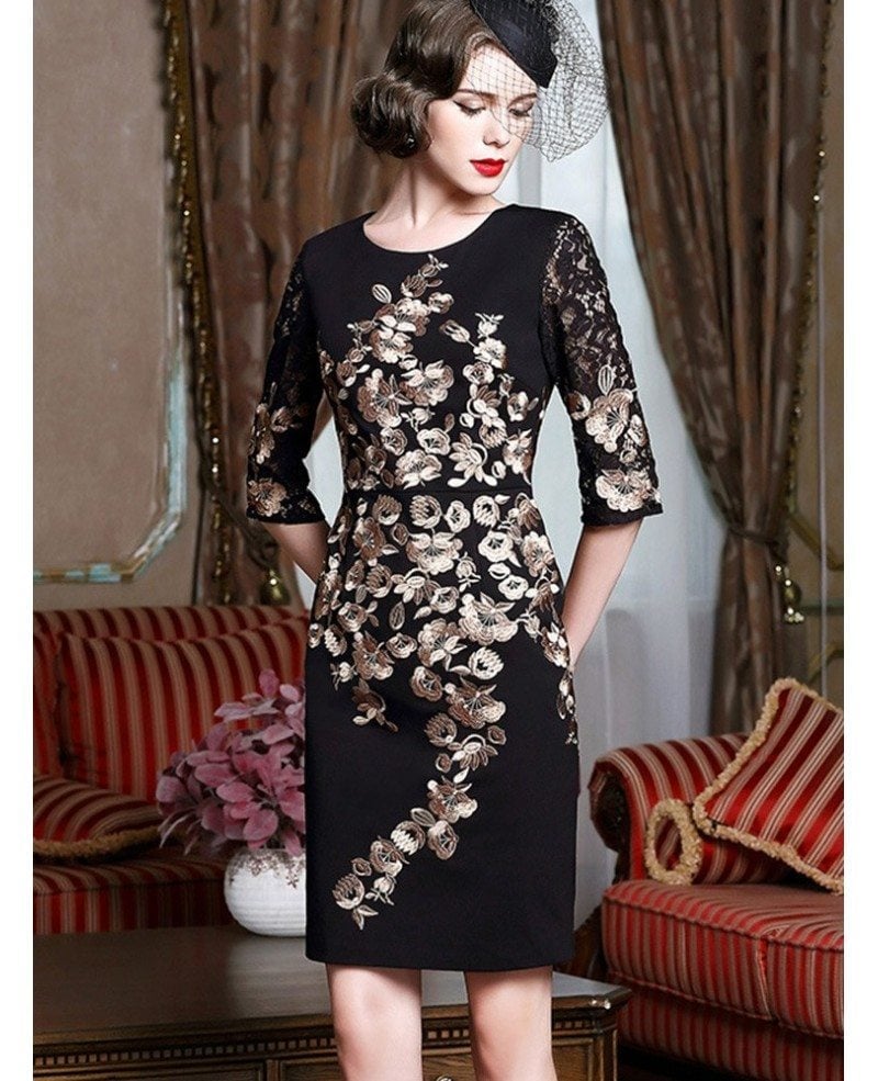Black Midi Dress with Gold Floral Embroidery and Lace Sleeves — Classy Cocktail Dresses Wedding