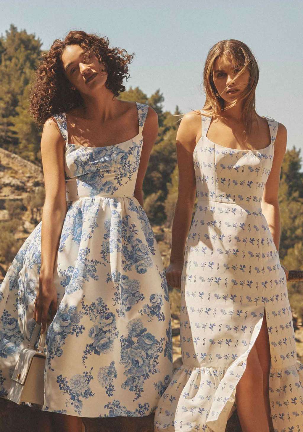 Blue and White Floral Print Satin Midi Dress with Square Neckline — Classy Cocktail Dresses Wedding