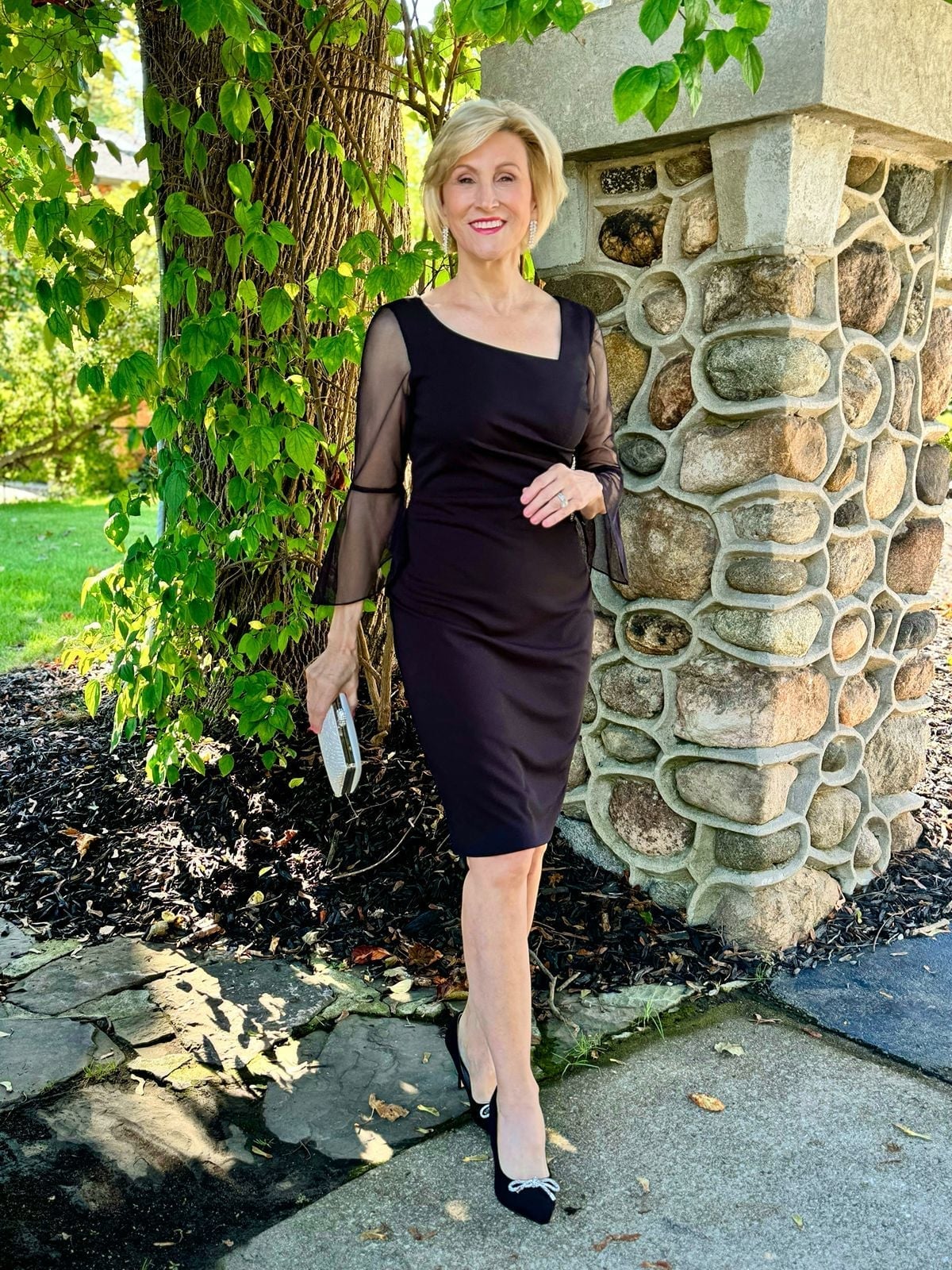 Black Ruched Dress with Asymmetrical Neckline and Sheer Bell Sleeves — Classy Cocktail Dresses Wedding