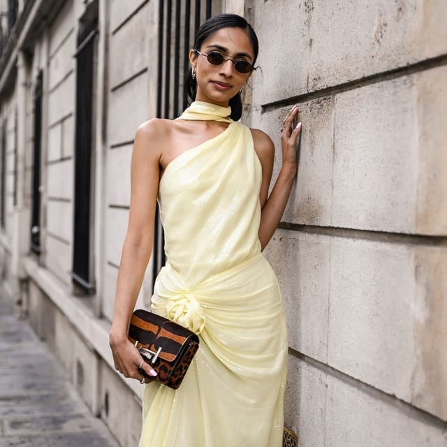 Pale Yellow Sequined One-Shoulder Dress with Draped Waist — Classy Cocktail Dresses Wedding