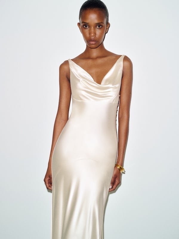 Ivory Satin Cowl Neck Slip Dress with Column Silhouette — Classy Cocktail Dresses Wedding