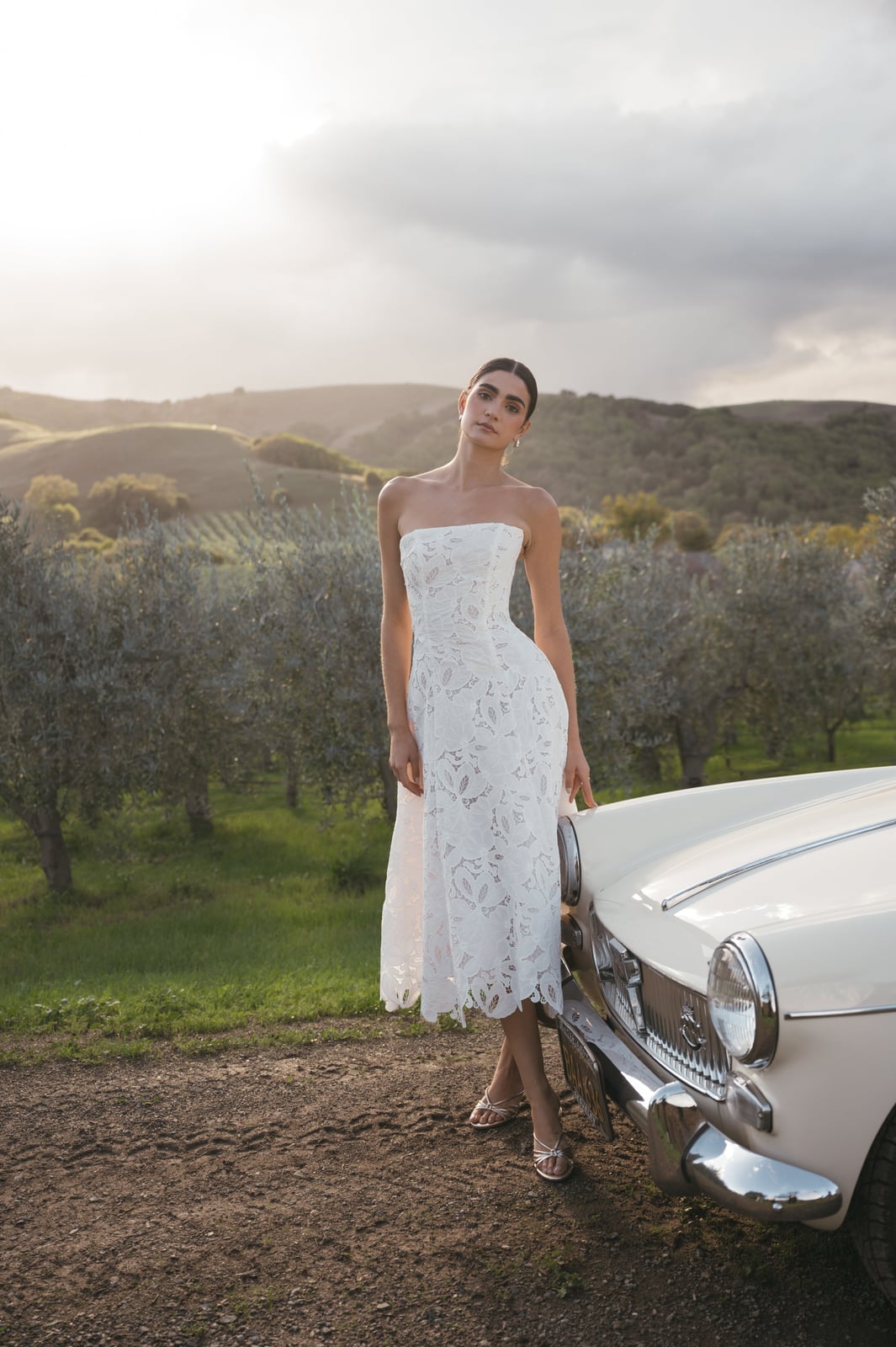 White Strapless Lace Column Midi Dress — Classy Cocktail Dresses Wedding
