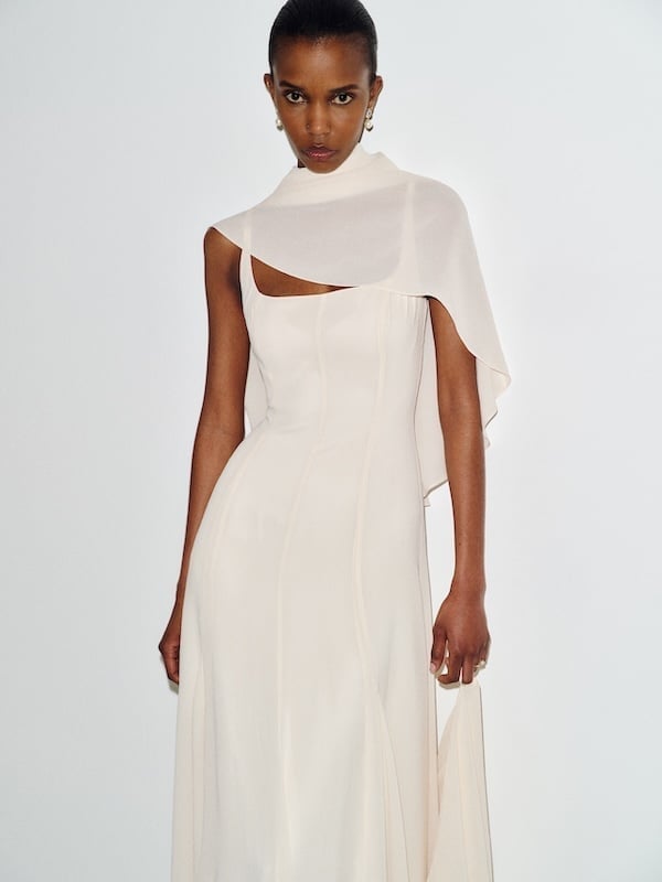 Pale Pink Crepe Dress with Asymmetrical Neckline and Sheer Overlay — Classy Cocktail Dresses Wedding