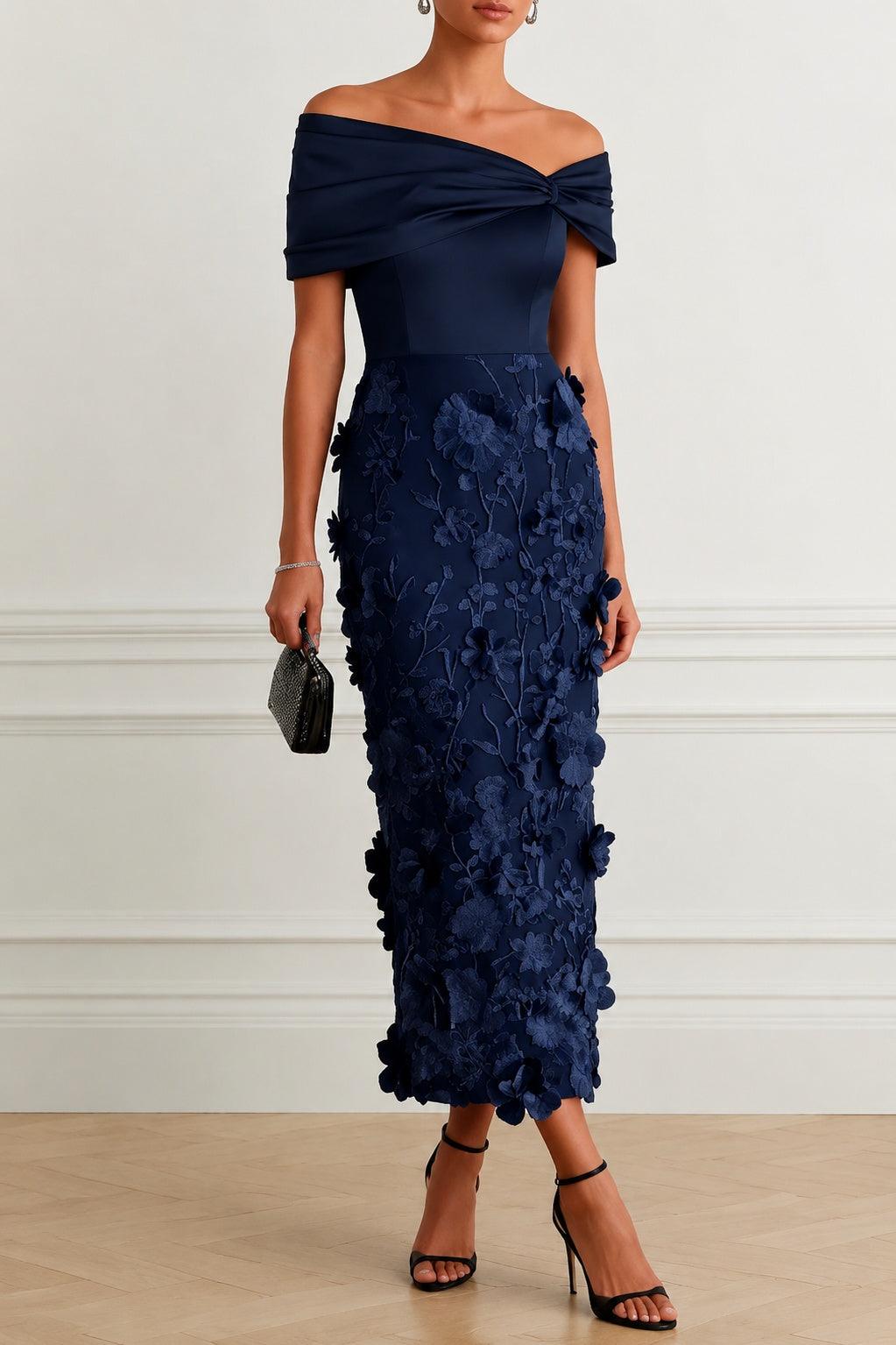 Navy Off-Shoulder Dress With 3D Floral Applique Navy Off-Shoulder Dress With 3D Floral Applique — Classy Cocktail Dresses Wedding Guest
