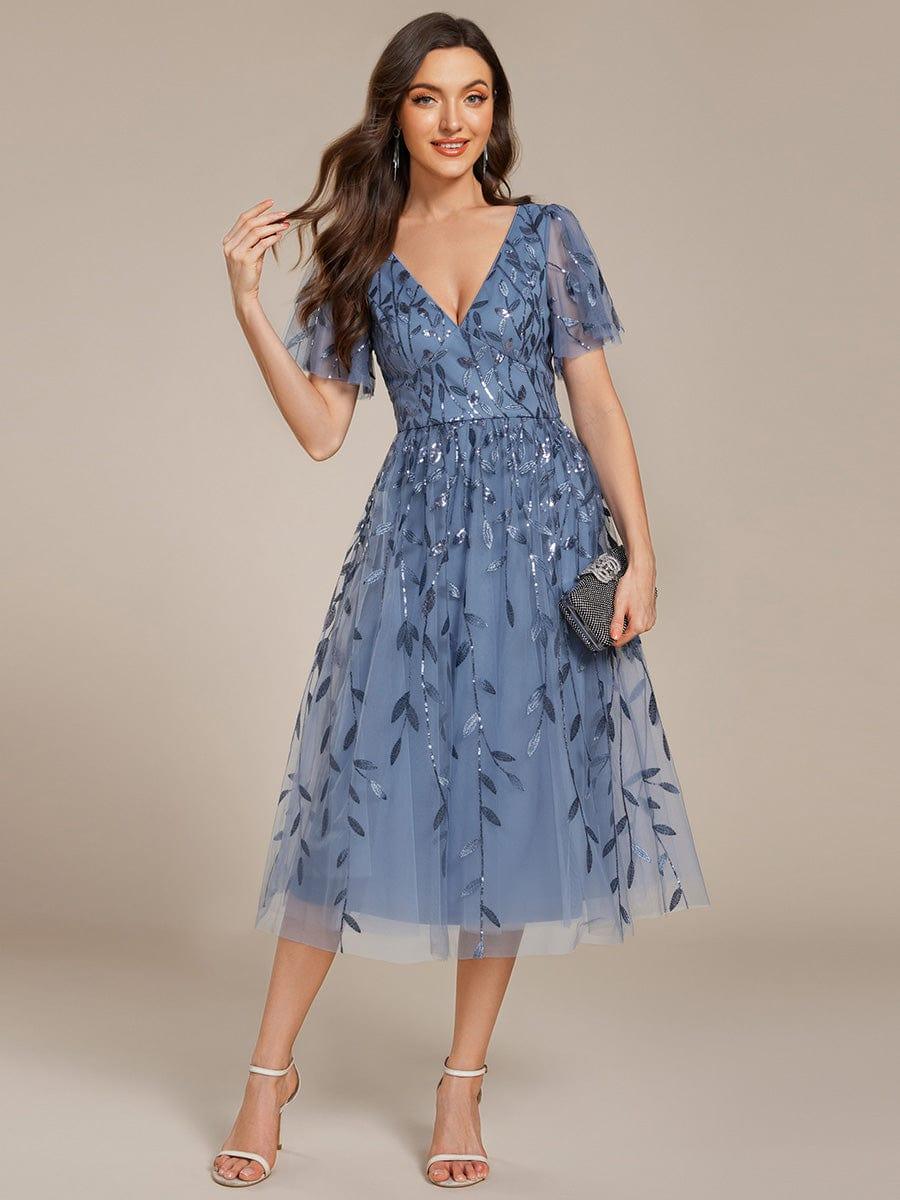 Dusty Blue A-Line Dress With Leaf Sequins Dusty Blue A-Line Dress With Leaf Sequins — Classy Cocktail Dresses Wedding Guest