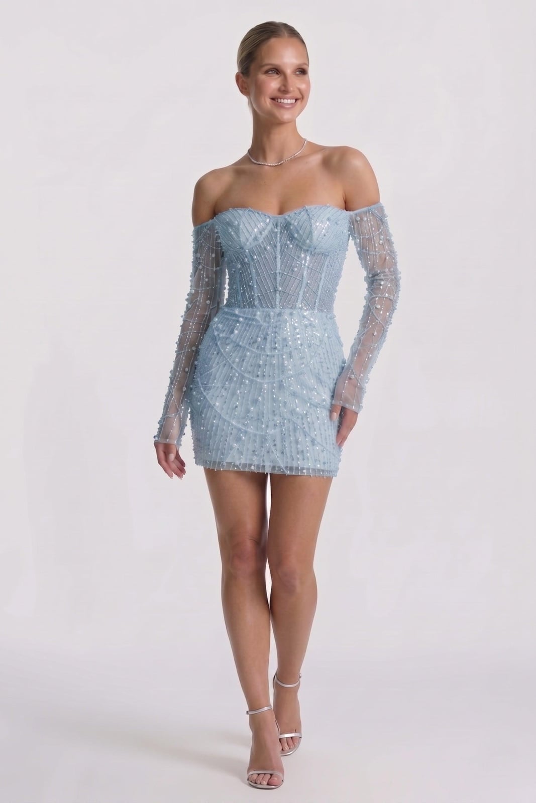 Light Blue Off-Shoulder Beaded Mini Dress Light Blue Off-Shoulder Beaded Mini Dress — Classy Cocktail Dresses Wedding Guest