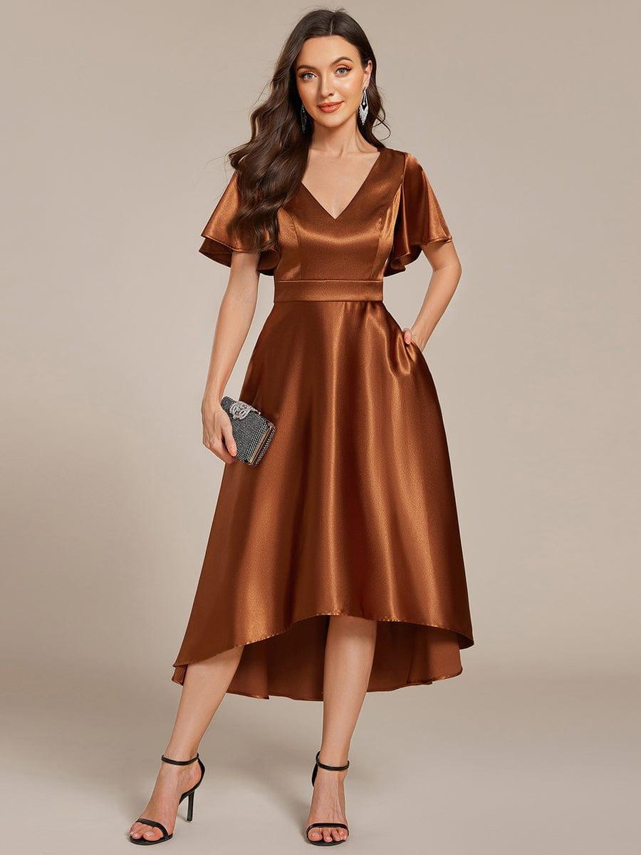 Bronze Satin Fit-and-Flare Hi-Lo Midi Dress Bronze Satin Fit-and-Flare Hi-Lo Midi Dress — Classy Cocktail Dresses Wedding Guest