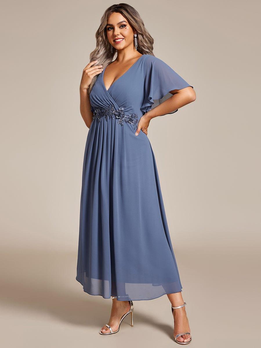 Dusty Blue A-Line Midi Dress With Floral Applique Dusty Blue A-Line Midi Dress With Floral Applique — Classy Cocktail Dresses Wedding Guest