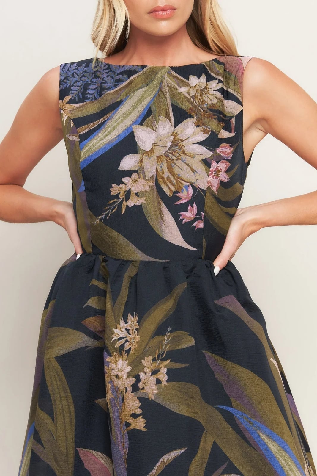 Dark Floral Print Fit-and-Flare Sleeveless Dress Dark Floral Print Fit-and-Flare Sleeveless Dress — Classy Cocktail Dresses Wedding Guest