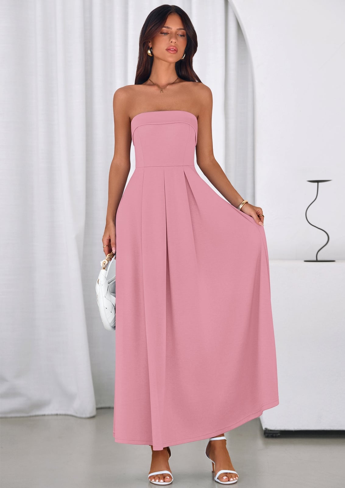 Pale Pink Strapless Midi Dress With Pleated Skirt Pale Pink Strapless Midi Dress With Pleated Skirt — Classy Cocktail Dresses Wedding Guest