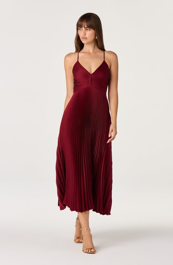 Deep Red Pleated A-Line Midi Dress With Gold Strappy Sandals Deep Red Pleated A-Line Midi Dress With Gold Strappy Sandals — Classy Cocktail Dresses Wedding Guest
