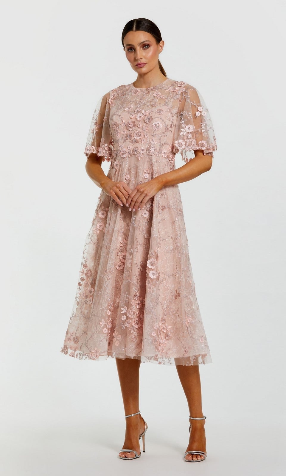Pink Embroidered Mesh Midi Dress With Silver Strappy Heels Pink Embroidered Mesh Midi Dress With Silver Strappy Heels — Classy Cocktail Dresses Wedding Guest